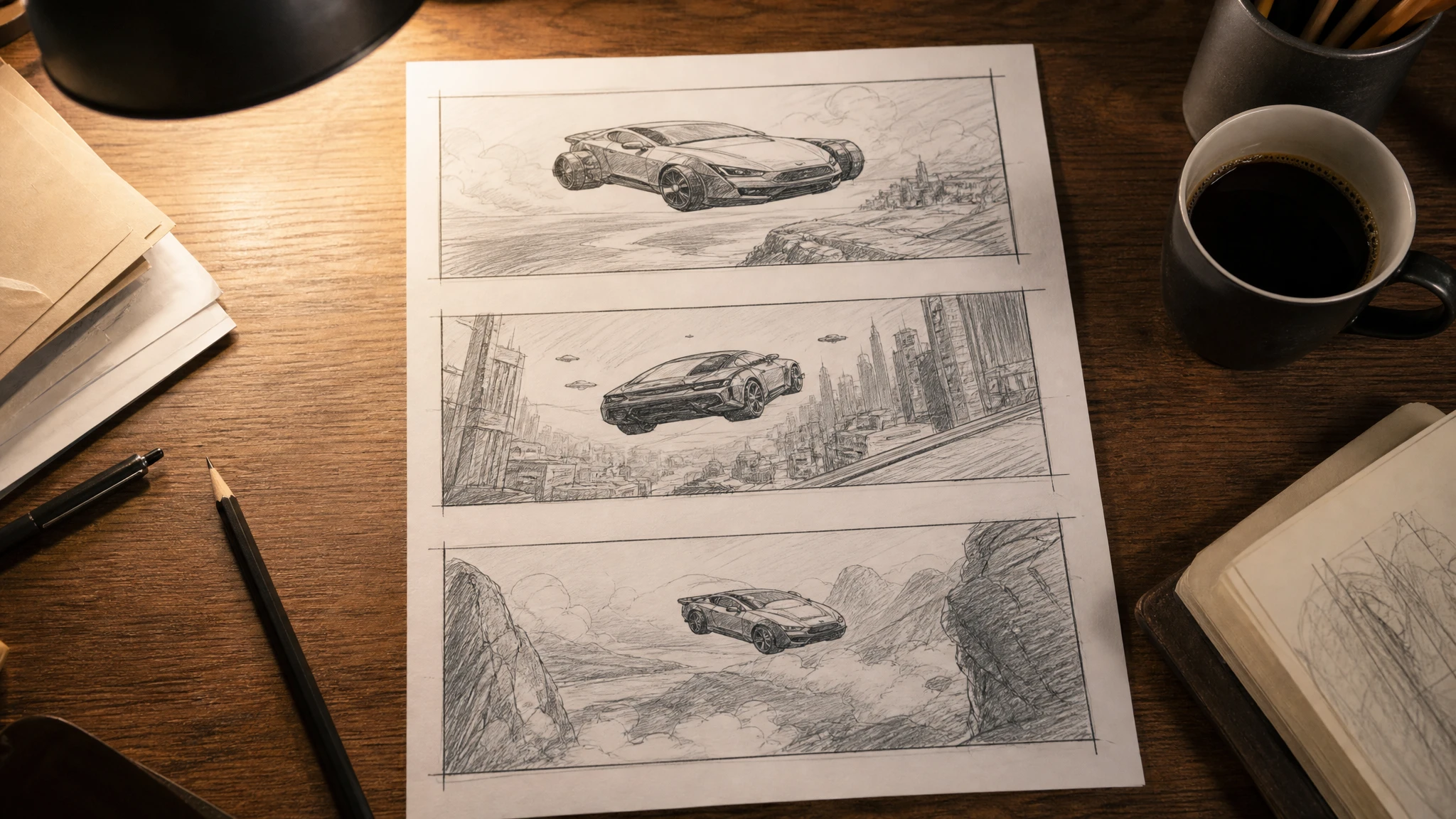 Flying Car Storyboards for Commercials: A Three-Shot Method — AI-generated cover illustration