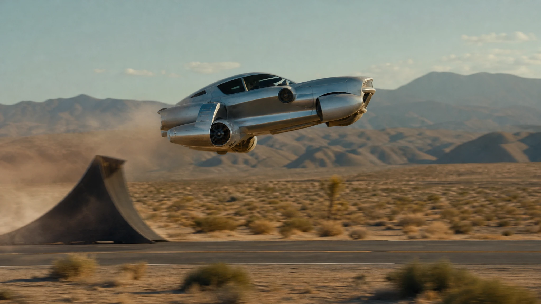 Text-to-video flying car clip showing a ramp launch and mid-air rotation