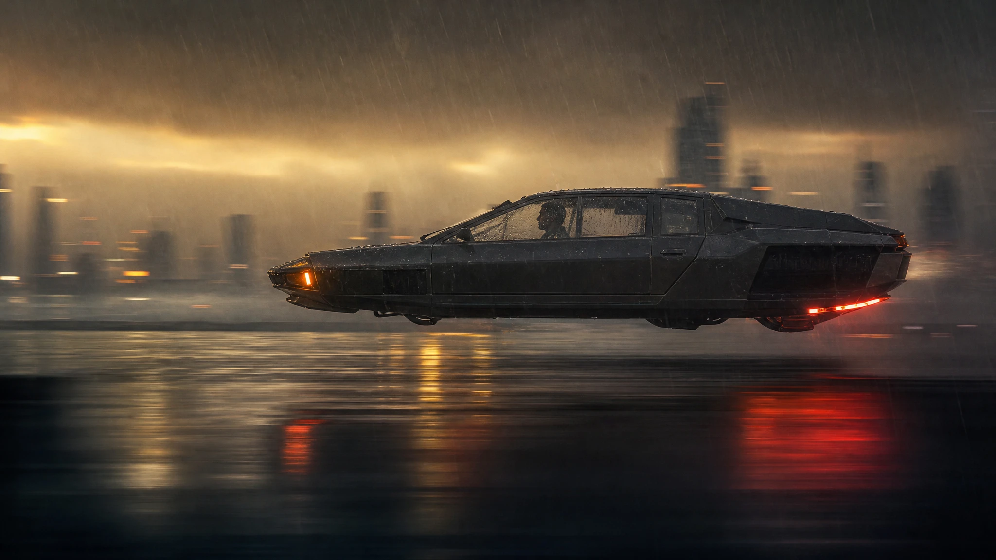 Flying car video frame restyled with rain, wet reflections and a slow push-in
