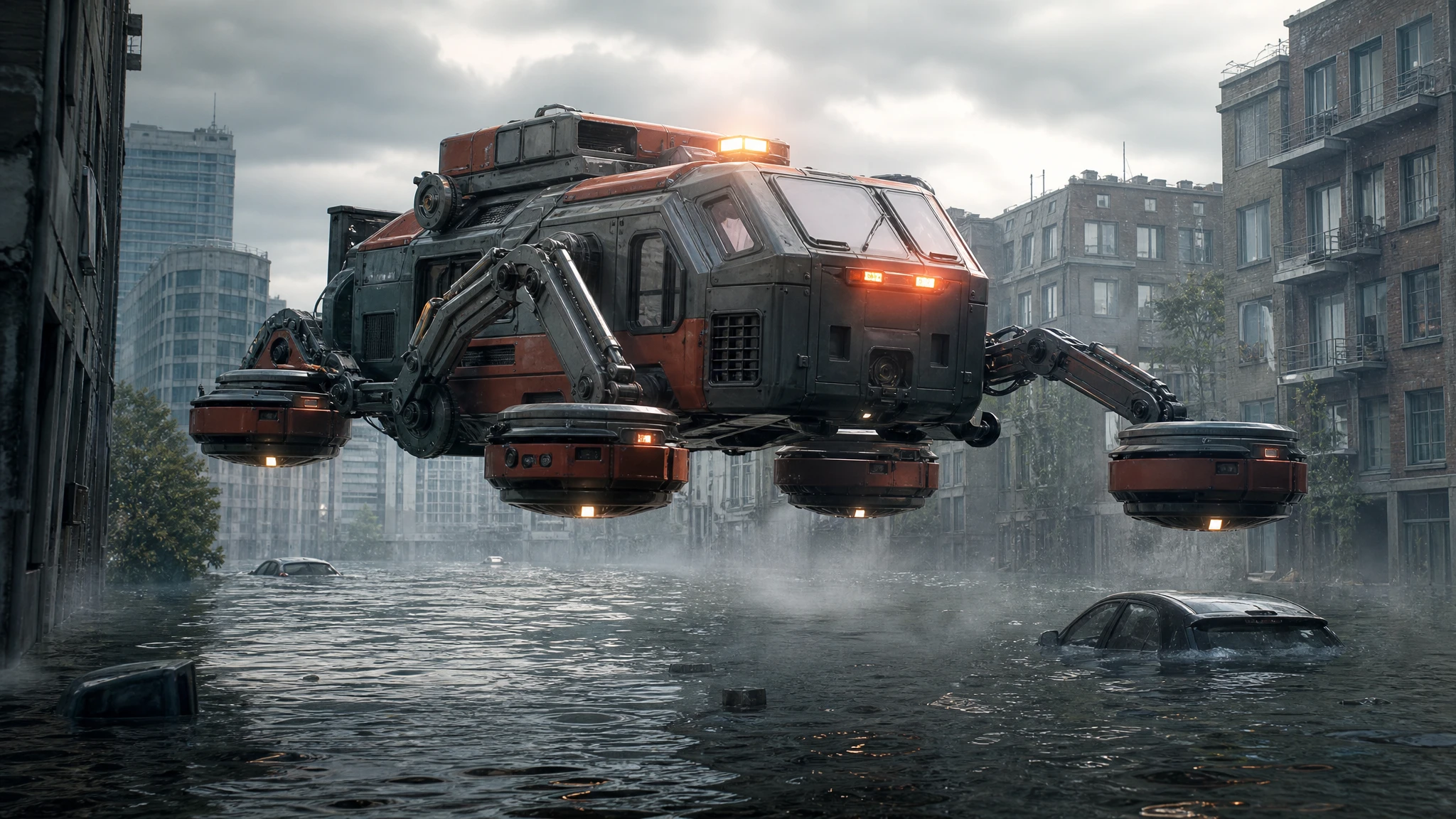 Sci-fi reddingshovercraft concept art die boven een overstroomde stadsstraat zweeft